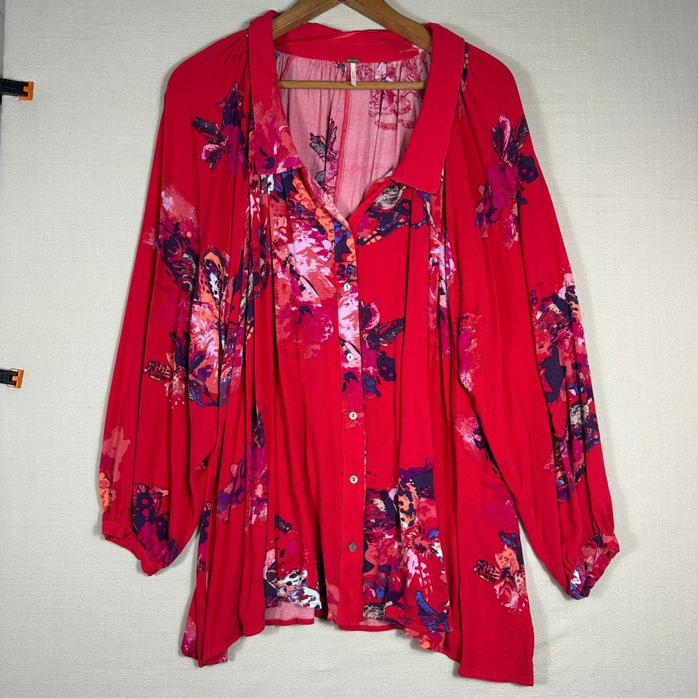 Free People Floral Button Up Blouse Womens Large Red Excellent Oversized Boho